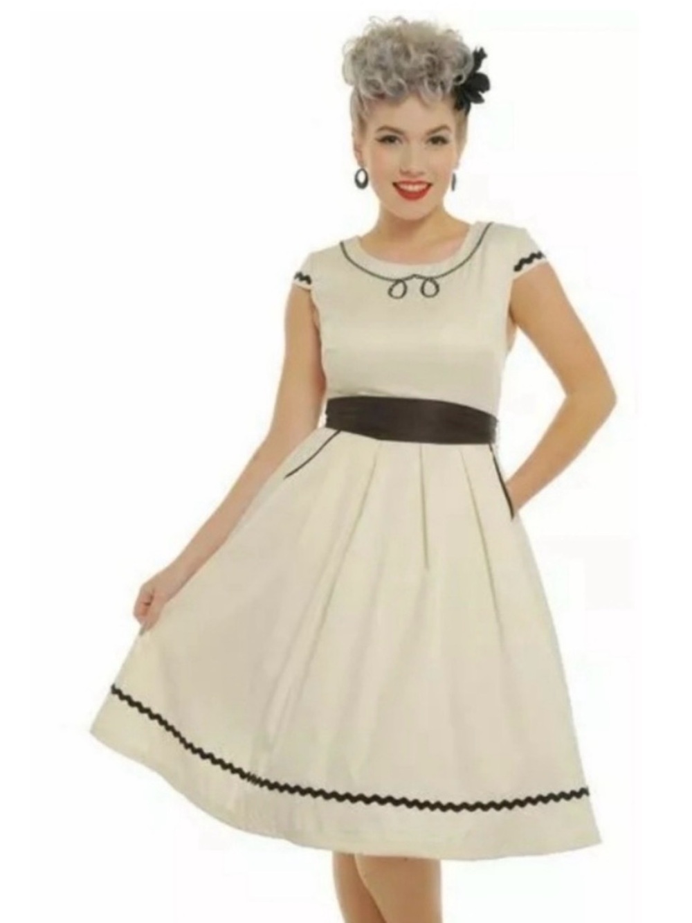 Vintage-Inspired Cream Swing Dress with Black Trim NWT